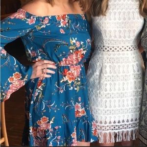 Off shoulder, floral blue dress